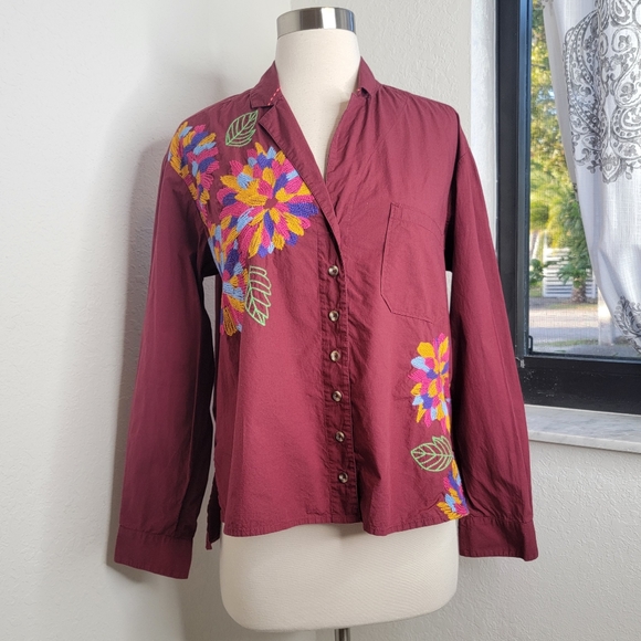 ANTHROPOLOGIE MAEVE Burgundy Embroidered Button Down 4. - Picture 4 of 8